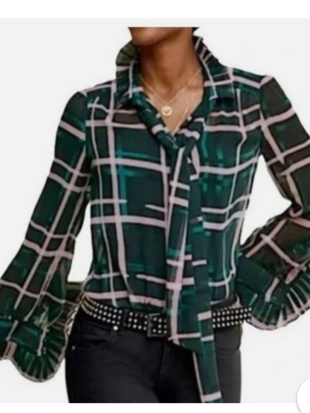 CAbi Dark Green and cream  Plaid Tie-Neck Blouse ladies medium